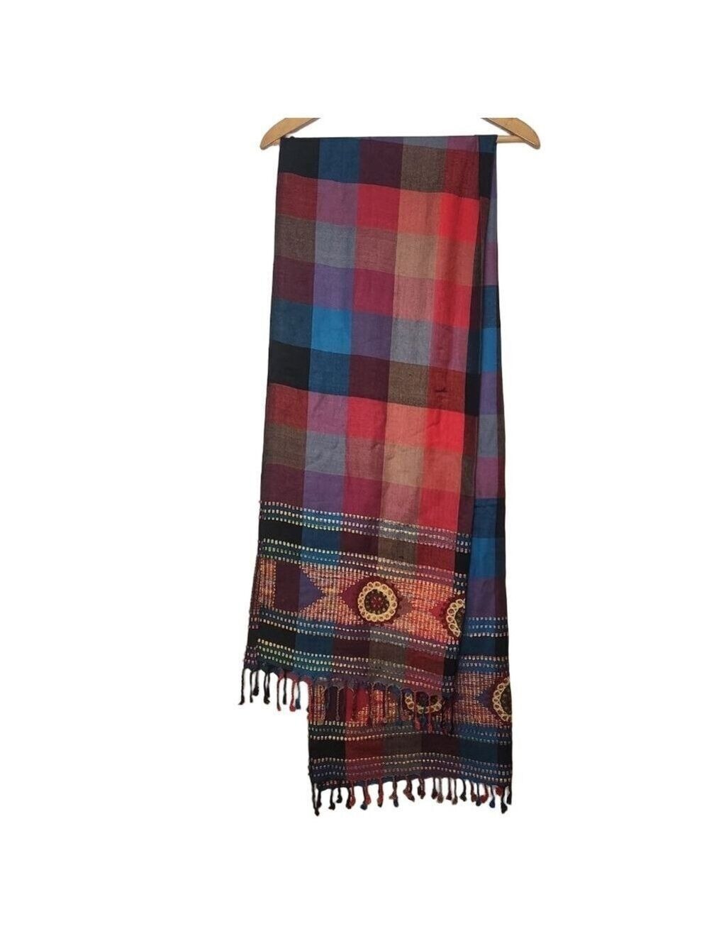 Women's Unbranded Plaid Scarf & Wrap, One Size, Red and Blue Silk Embroidered